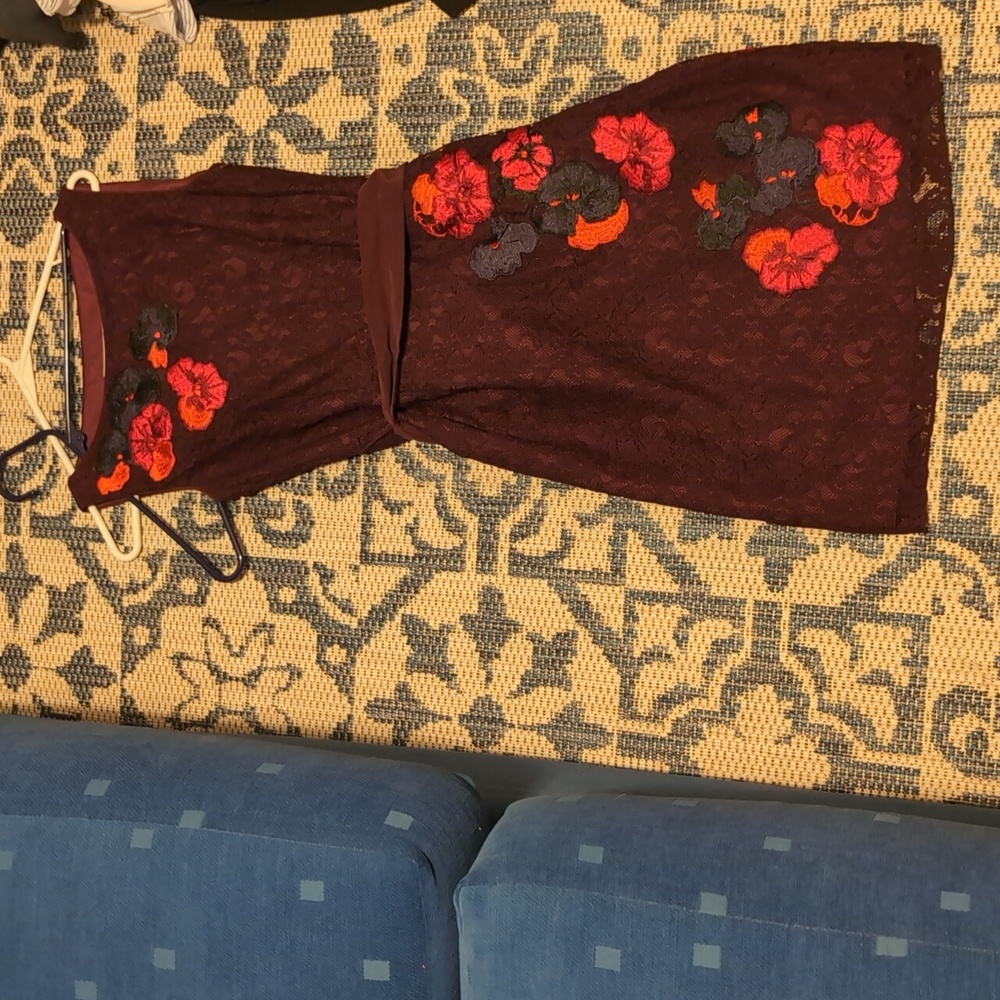 Rich plum dress with embroidered flowers and detachable belt